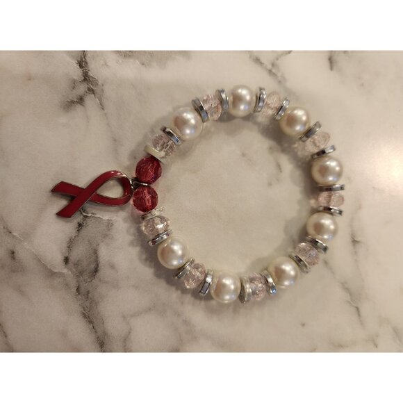 Beaded Awareness Faux Pearl Bracelet With Pearls & Red Ribbon Charm - Picture 1 of 2